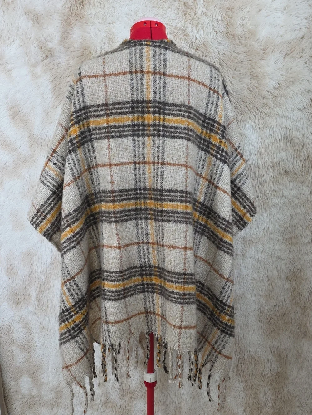 Woolrich Plaid Fringe Ruana Wrap Poncho Shawl One Size Ivory Gray Mustard